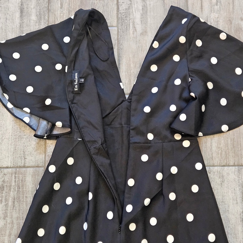 En Saison Floretta Polka Dot Dress Size S Black Flutter Sleeve Midi Retro Pinup - Picture 8 of 10